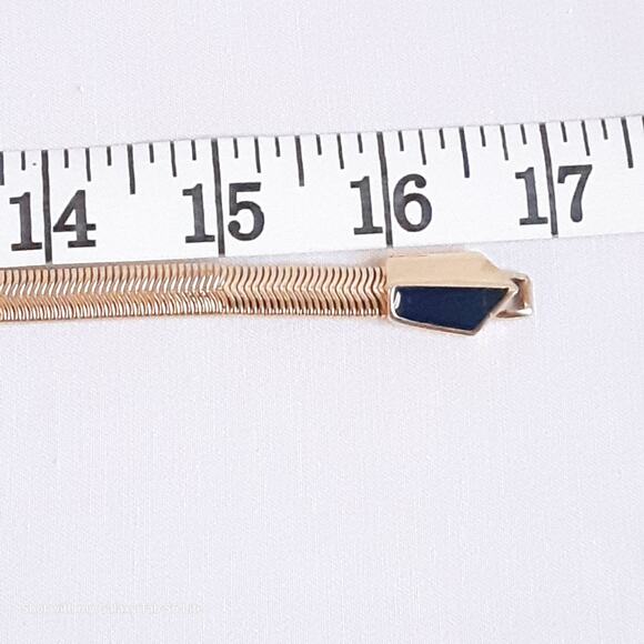 Trifari Necklace  Gold Tone Flat Snake Chain Navy Blue Enamel Hook Clasp Pendant - Picture 11 of 13